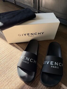 Givenchy Black Logo Slide Sandals with White Lettering